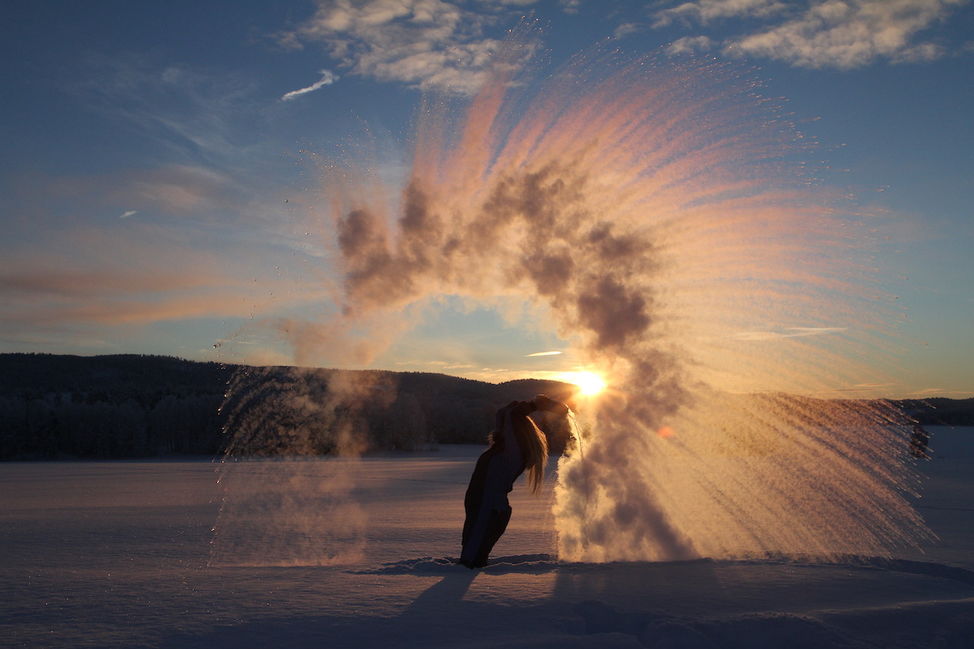 boiling water freezing weather snow winter throw sunset 