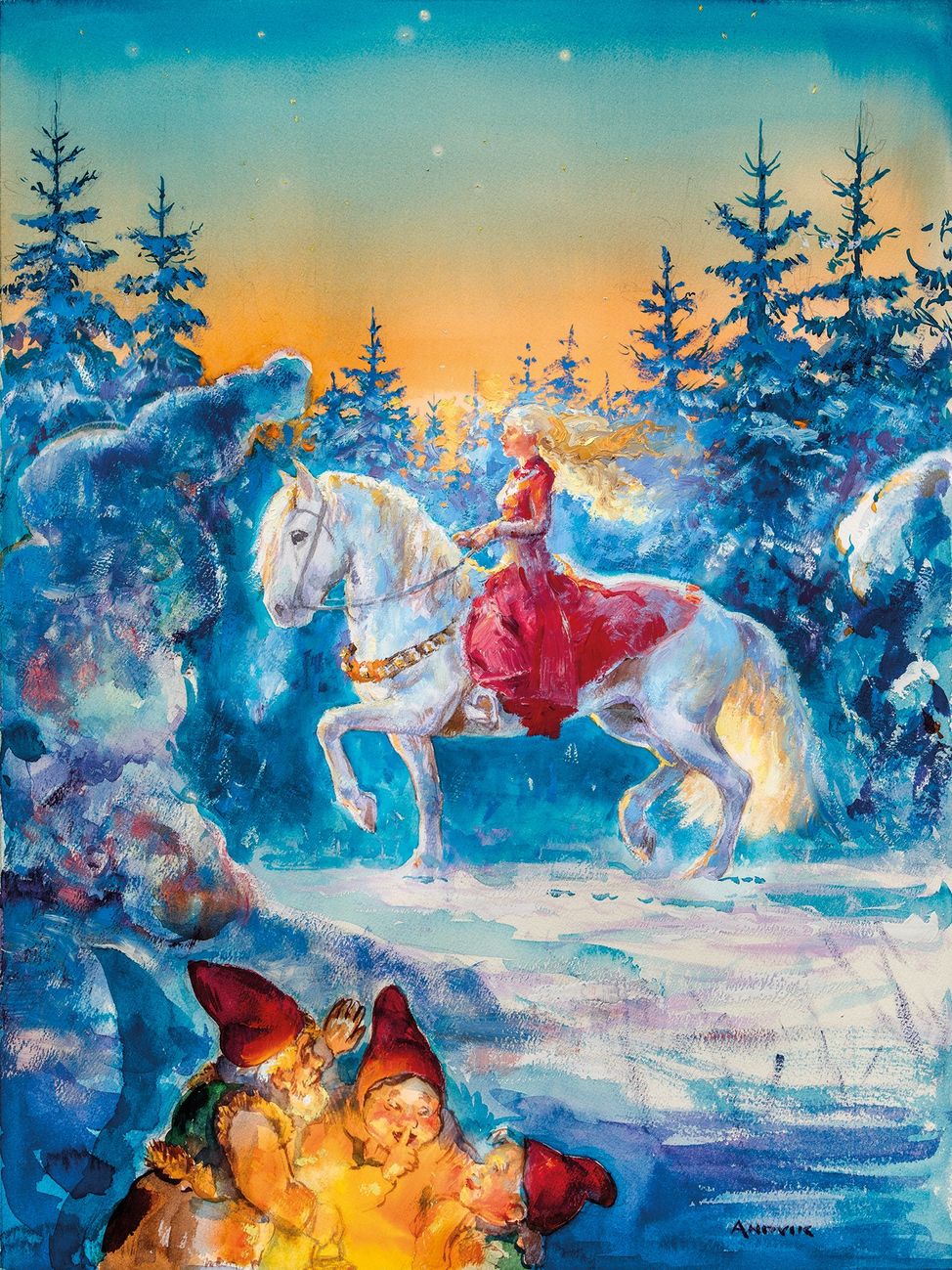 Julebilde maleri Jonny Andvik Live Skinnes hest skog magi nisser jul i telemark 