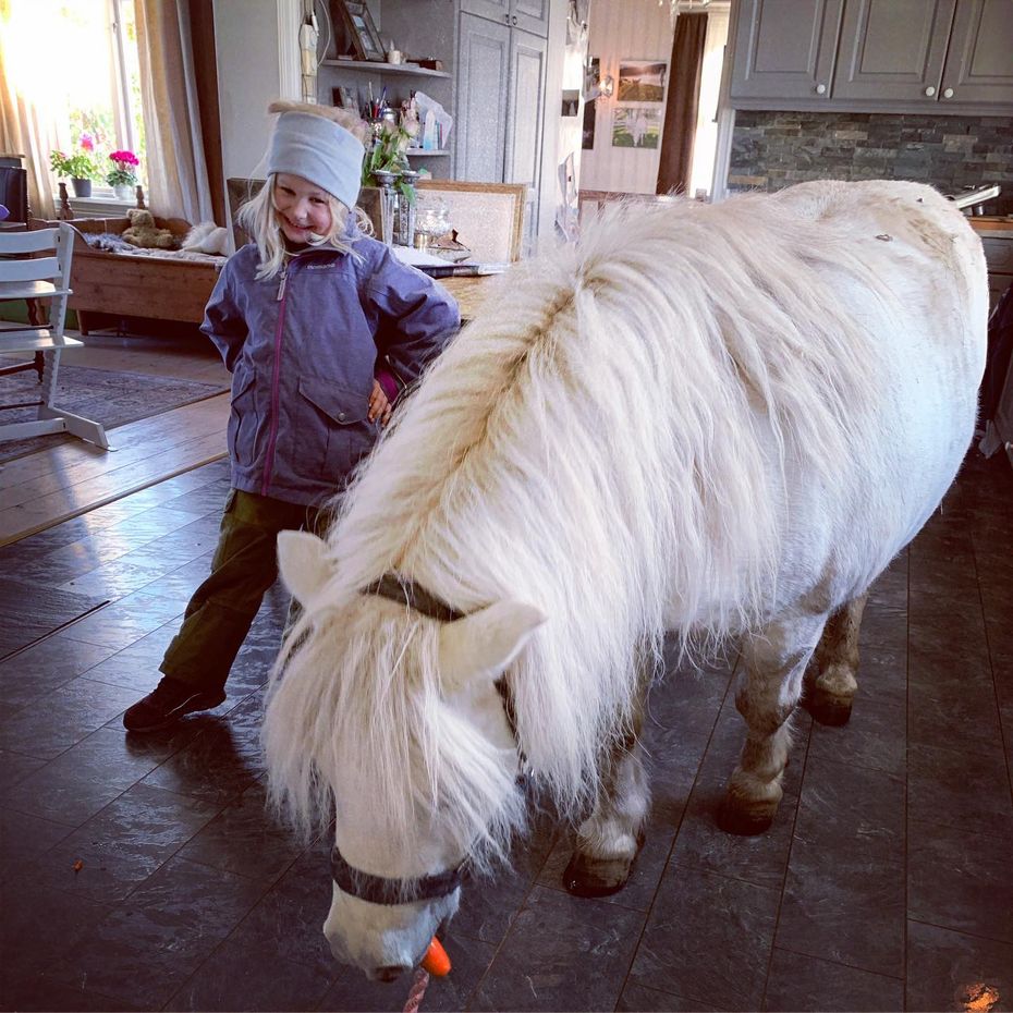 pippi langstrømpe hvit hest barn leiker inne på kjøkken i huset 