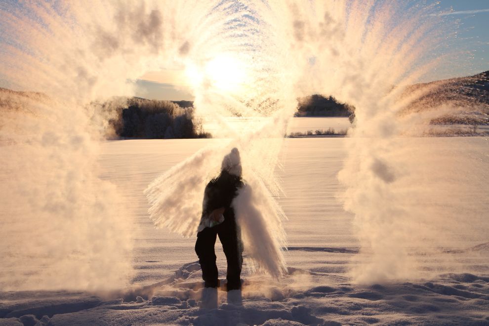 Thow boiling water in the air snow heartshaped